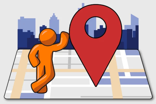 Orange Fanatically Digital guy on a map leaning against a location marker and a city skyline in the background