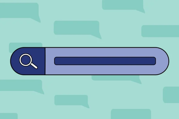 Dark blue illustrated search bar with a teal green background with search bubbles
