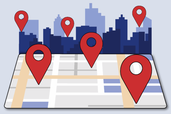 Map getting closer and location icons throughout. City skyline in the background.