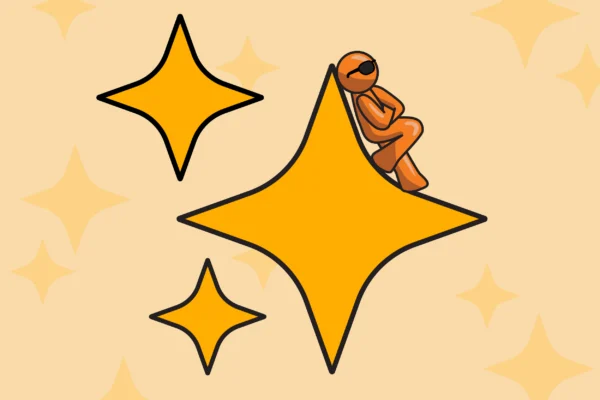 Yellow AI three star Icon with Little orange guy leaning against one of the stars while wearing sunglasses on light yellow background.