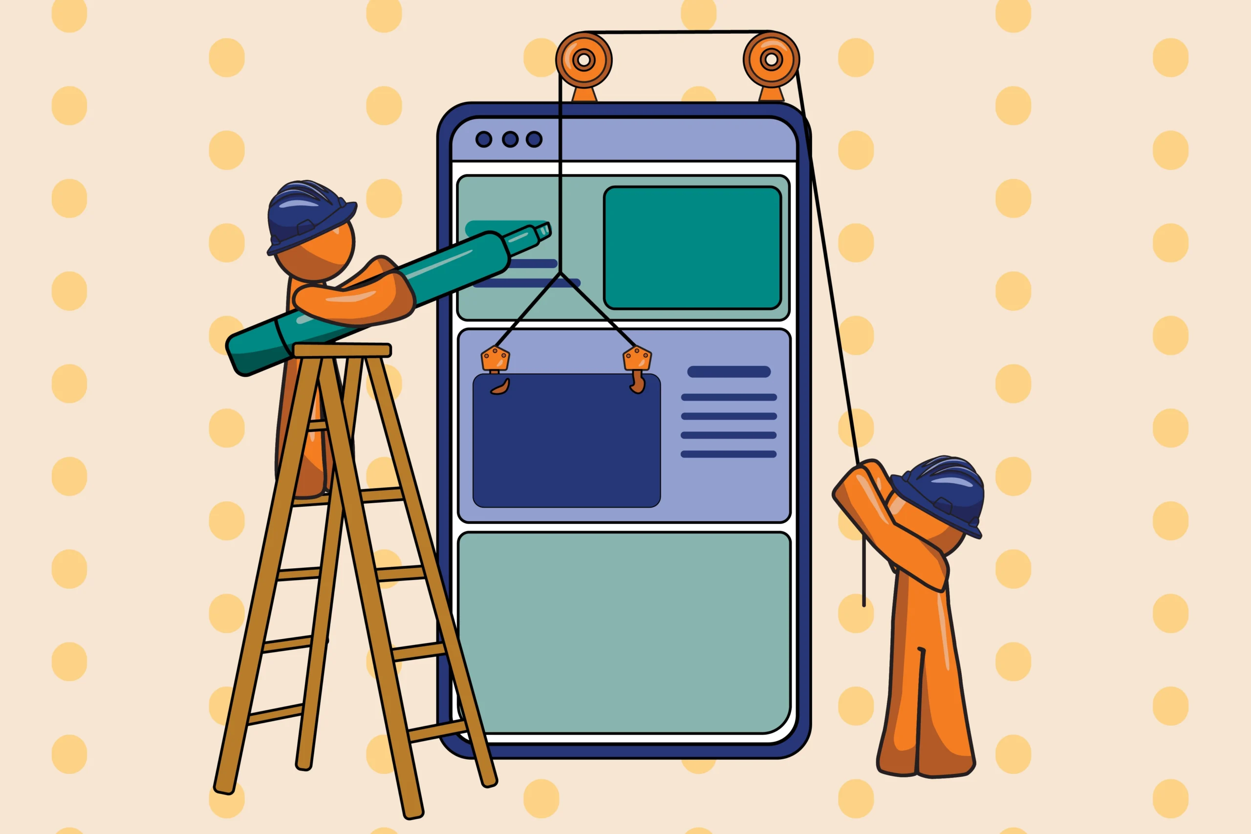 Phone webpage being built by two mini orange guys. one with a big market on a ladder and the other using pull to lift and image.