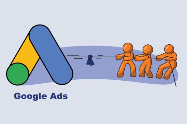 Illustration of Three orange guys playing tug of war with the Google Ads Logo