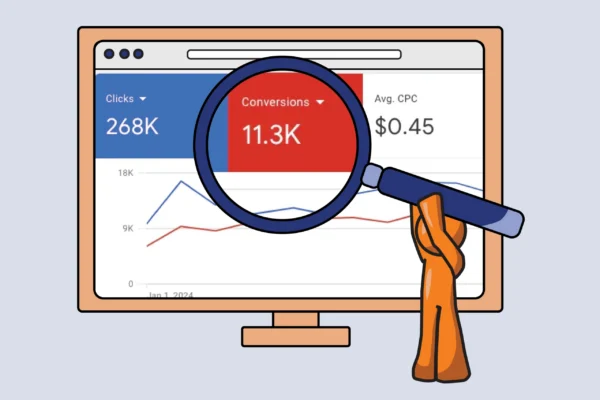 Illustration of Orange Guy holding magnifying glass over google ads screen on a computer