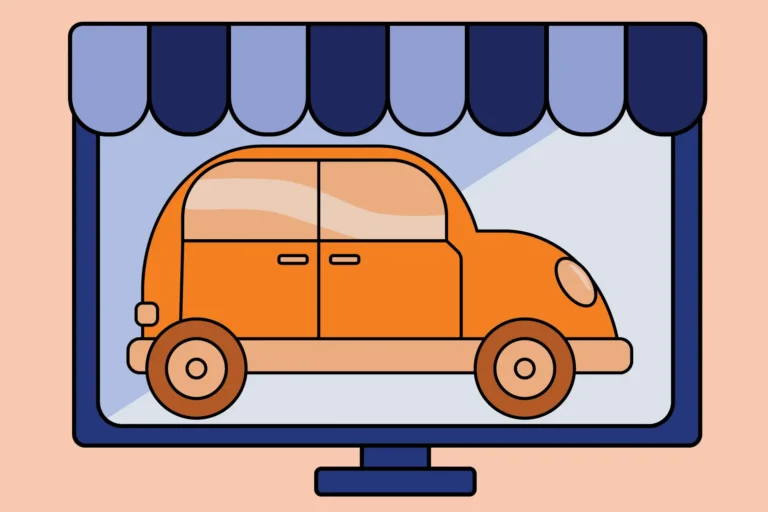 Blue computer with blue striped awning on the top and orange car on the screen