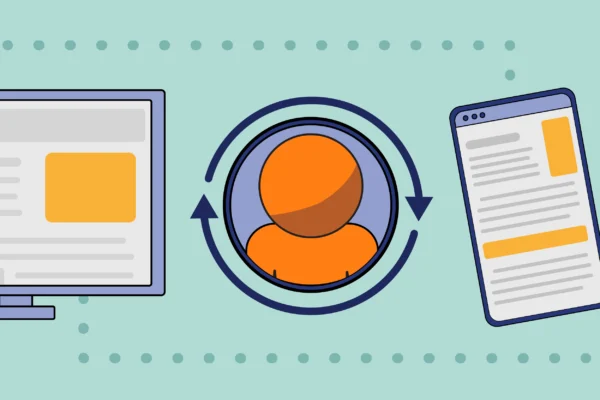 Orange person icon with laptop and phone screen showing remarketing ads