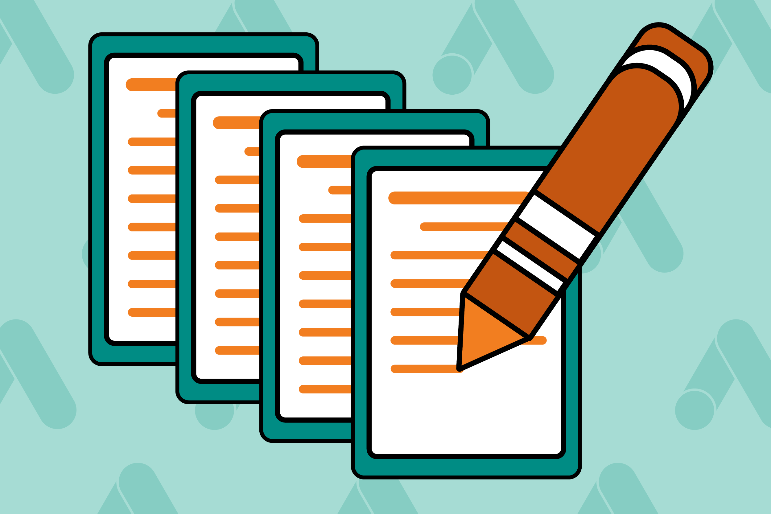 Illustration: stack of articles and an orange marker writing on the top article with google ads outlines in the background