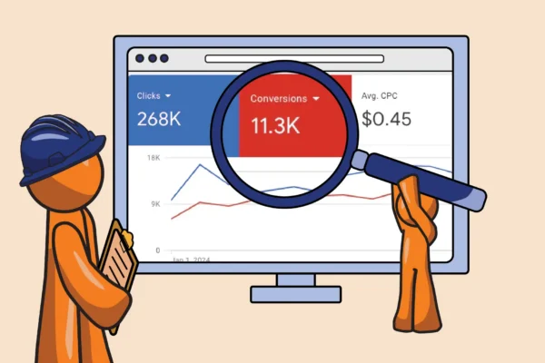 two orange guys inspecting Google ads webpage. one has a magnifying glass and one has a clipboard