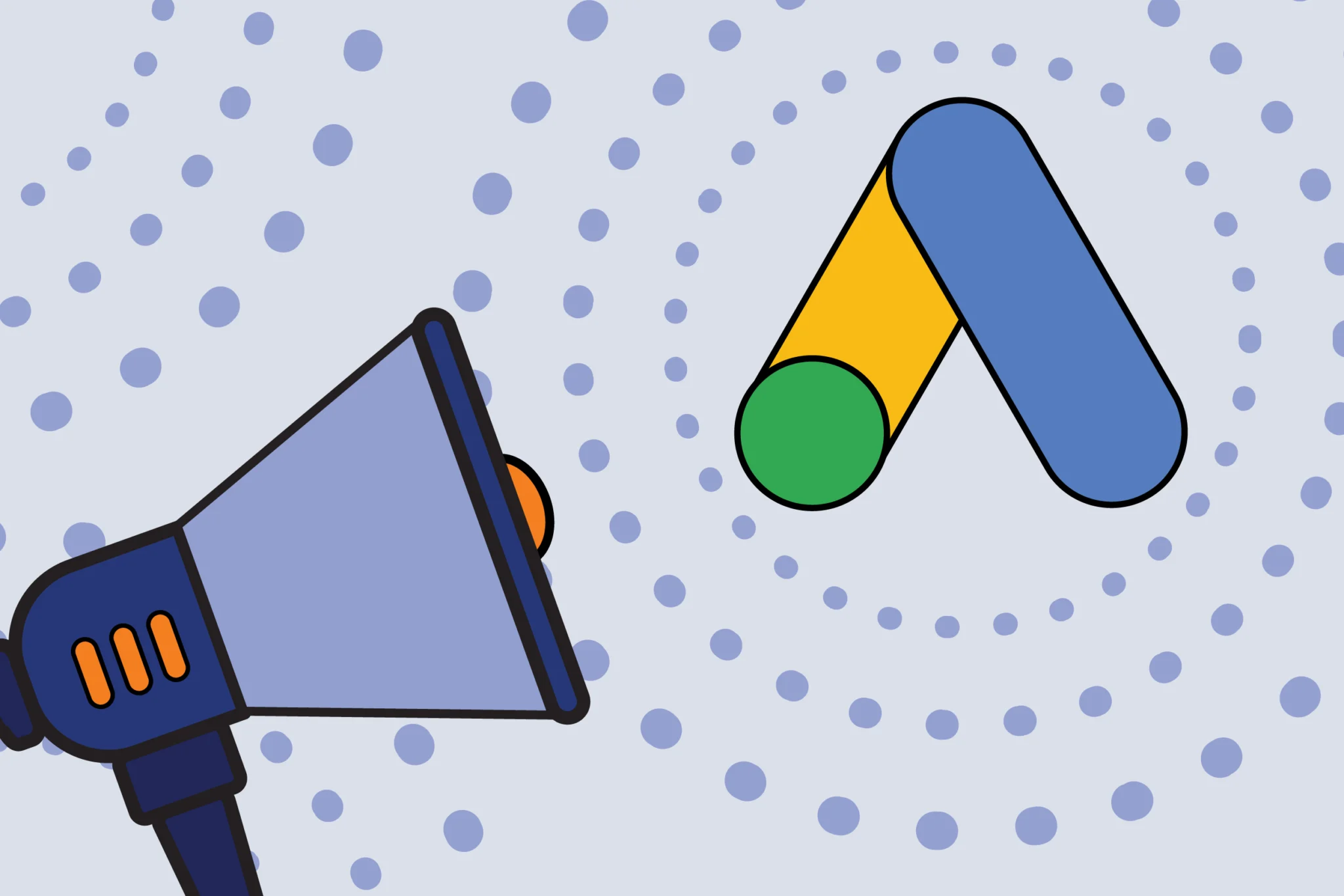 megaphone pointing up towards a Google ads logo