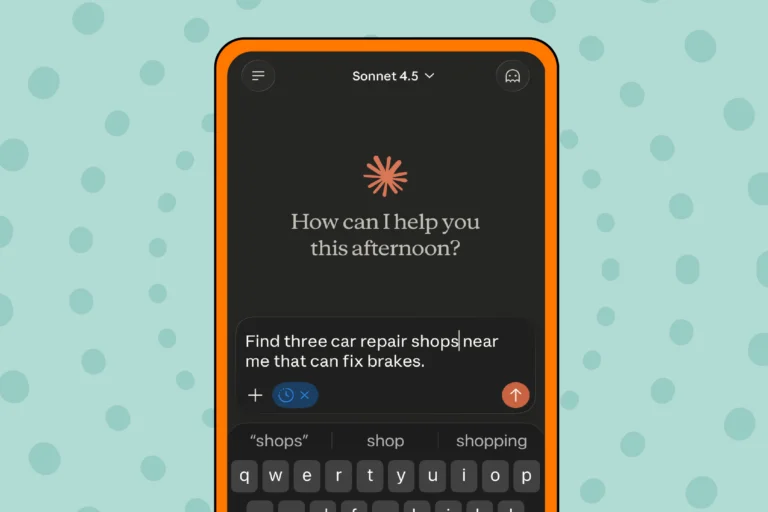 Phone screen depicting an AI tool that is being asked to "find three car repair shops near me that can fix brakes"
