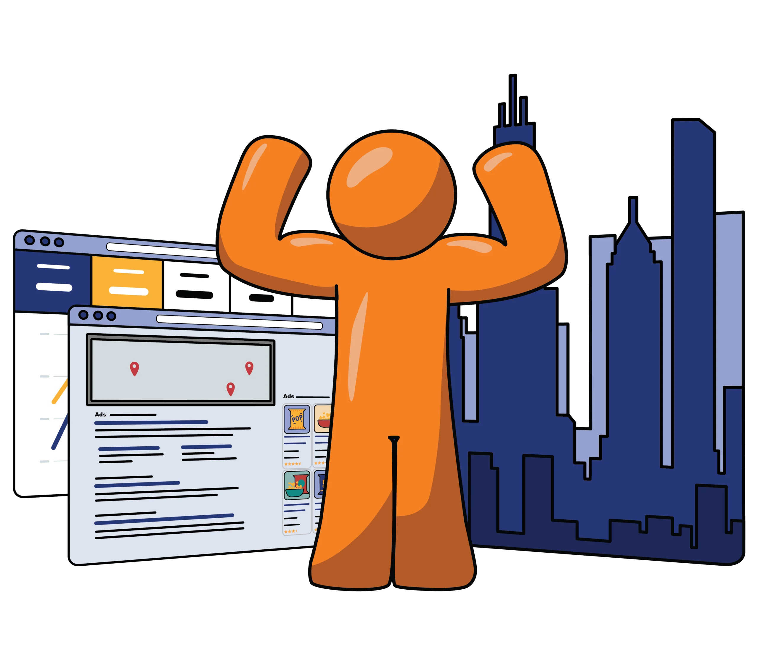 Orange Fanatically digital guy flexing standing in front of chicago skyline and see reporting webpages
