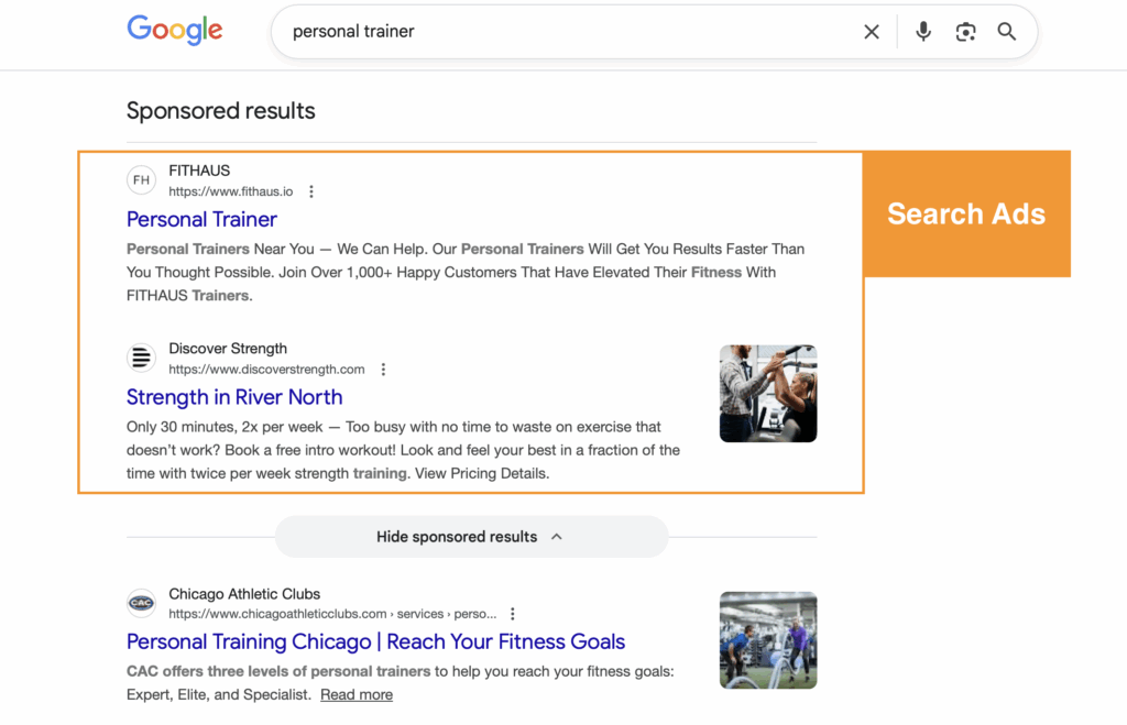 Search Results for the search term "personal trainer", showing two paid search ads and one organic result.