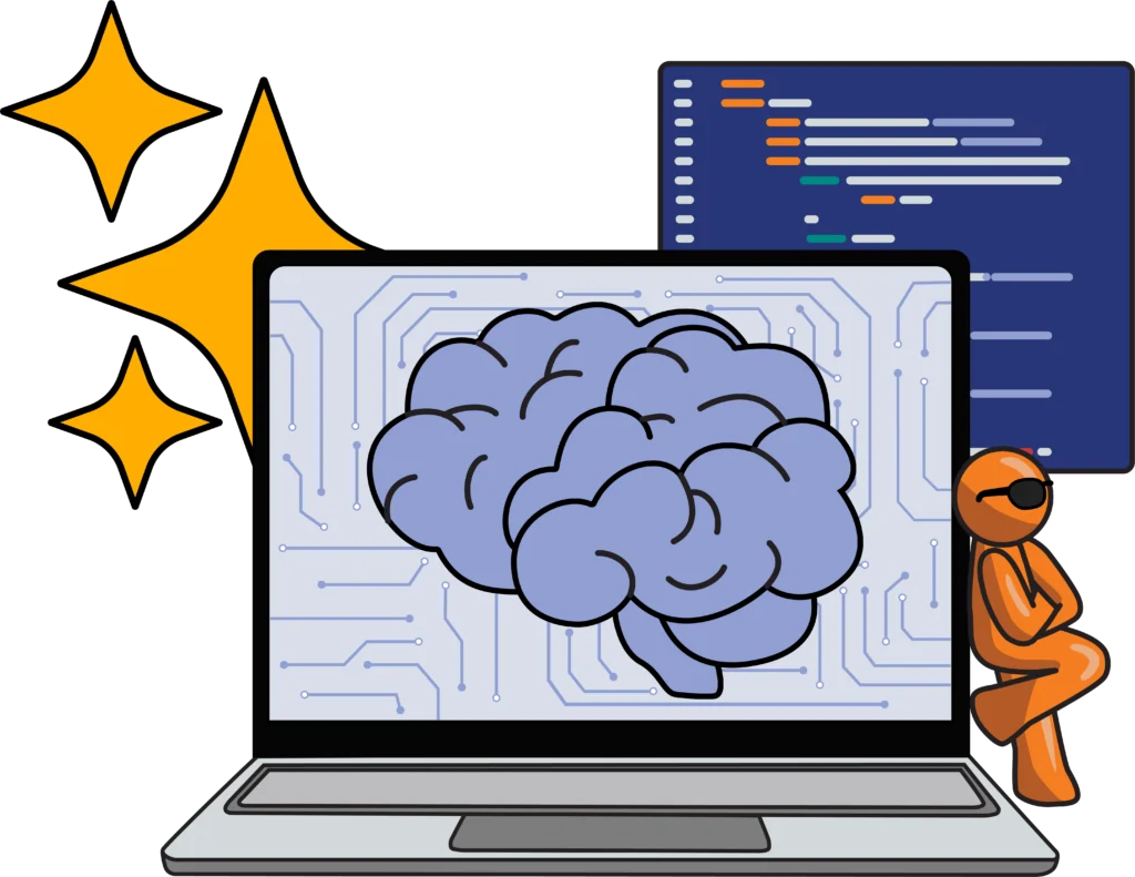 Brain symbol on a laptop with the AI symbol in the back ground and code. Orange Fanatically Digital guy leaning up against laptop with sunglasses on.