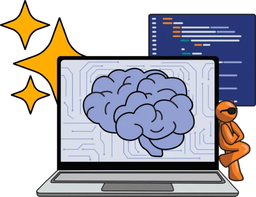 Brain symbol on a laptop with the AI symbol in the back ground and code. Orange Fanatically Digital guy leaning up against laptop with sunglasses on.