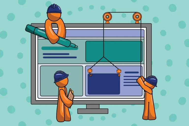 three orange guys in construction hats building a website on a computer