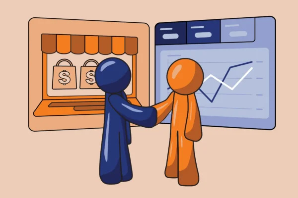 Blue and Orange Guy shaking hands inform of e-commerce computer and SEO data