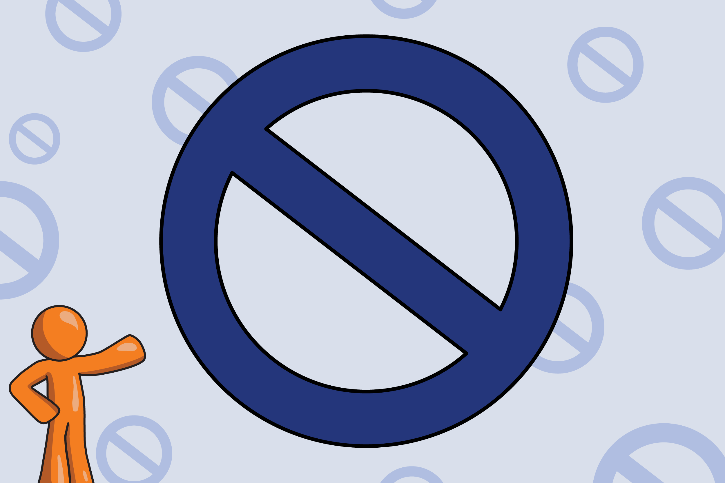 Little orange guy in the corner pointing up at a blocking symbol