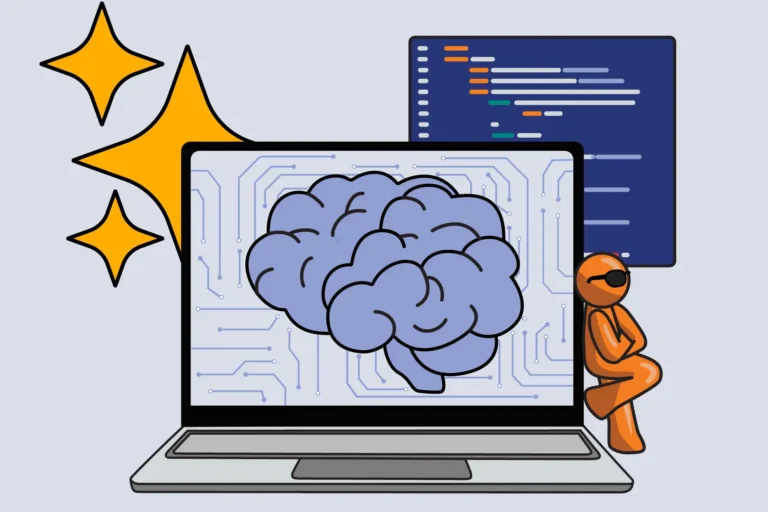 Brain symbol on a laptop with the AI symbol in the back ground and code. Orange Fanatically Digital guy leaning up against laptop with sunglasses on with a blue background.