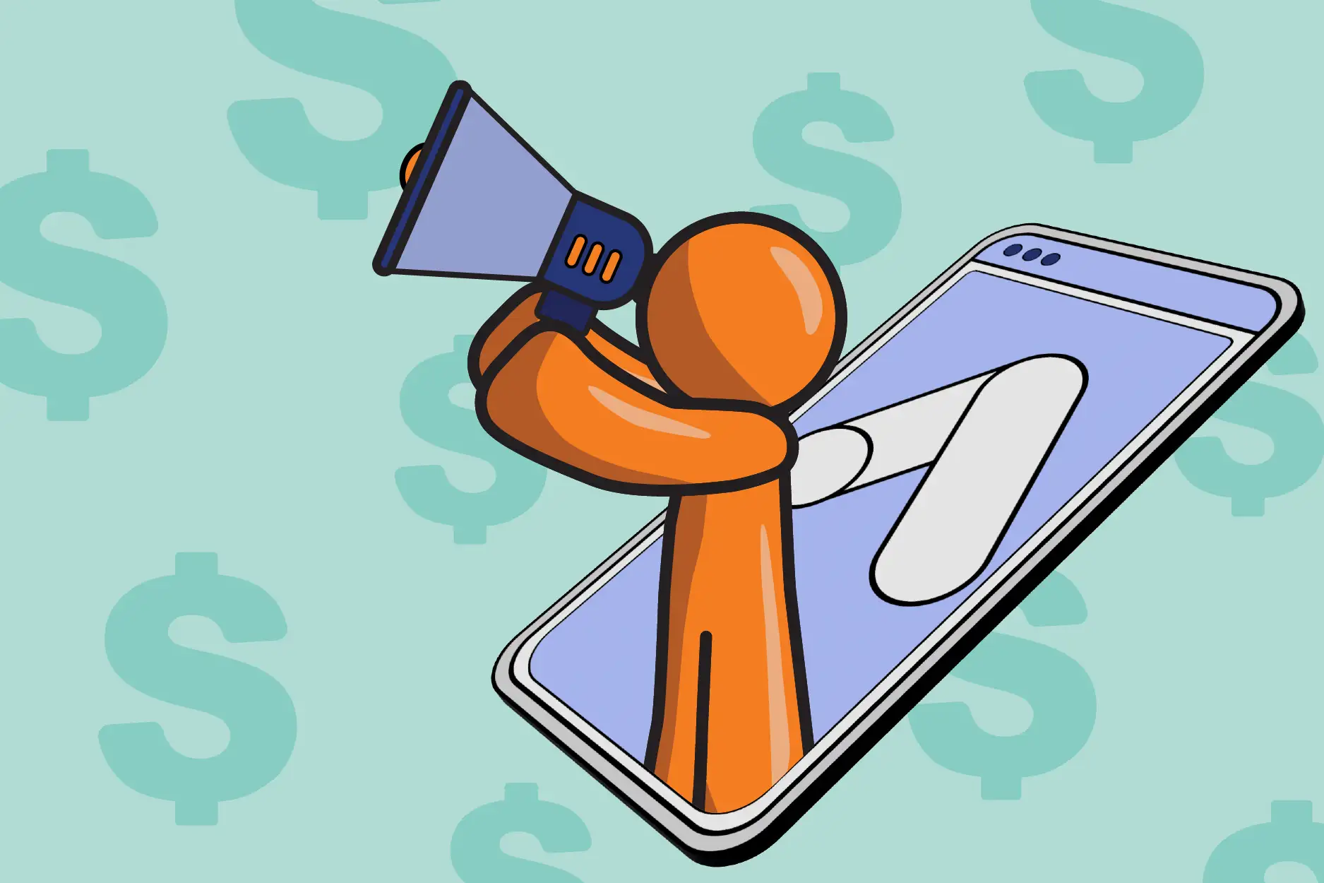 Orange announcer guy posing out from phone with a Google ads logo on it and dollar signs in the background