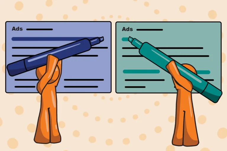 Two orange guys with markers making competing ads. one ad blue and one green