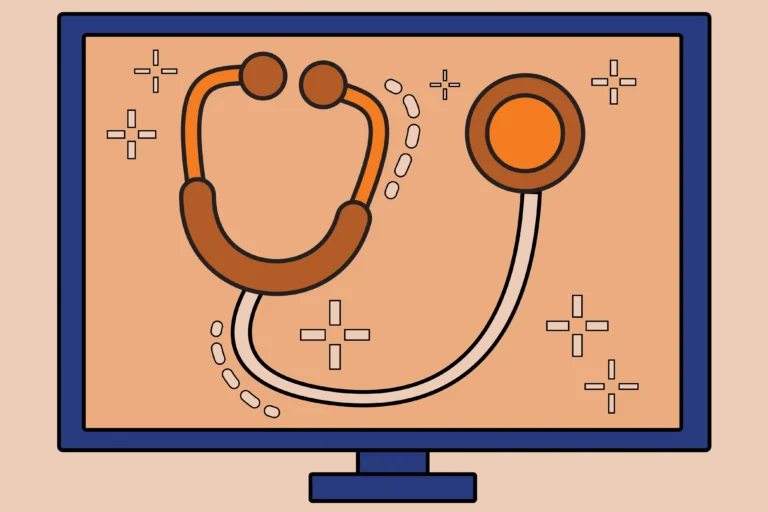 Computer with Stethoscope medical equipment on the screen