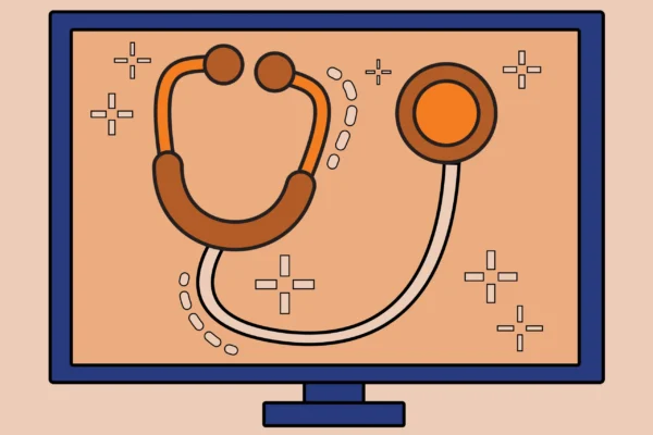 Computer with Stethoscope medical equipment on the screen