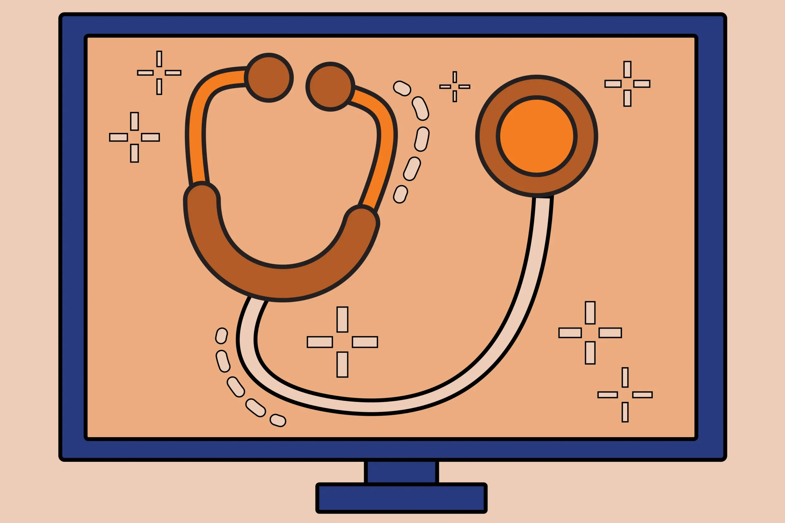 Computer with Stethoscope medical equipment on the screen