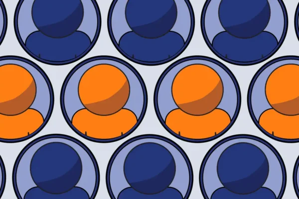 Three lines of circles with orange profiles in the center and blue on the top and bottom