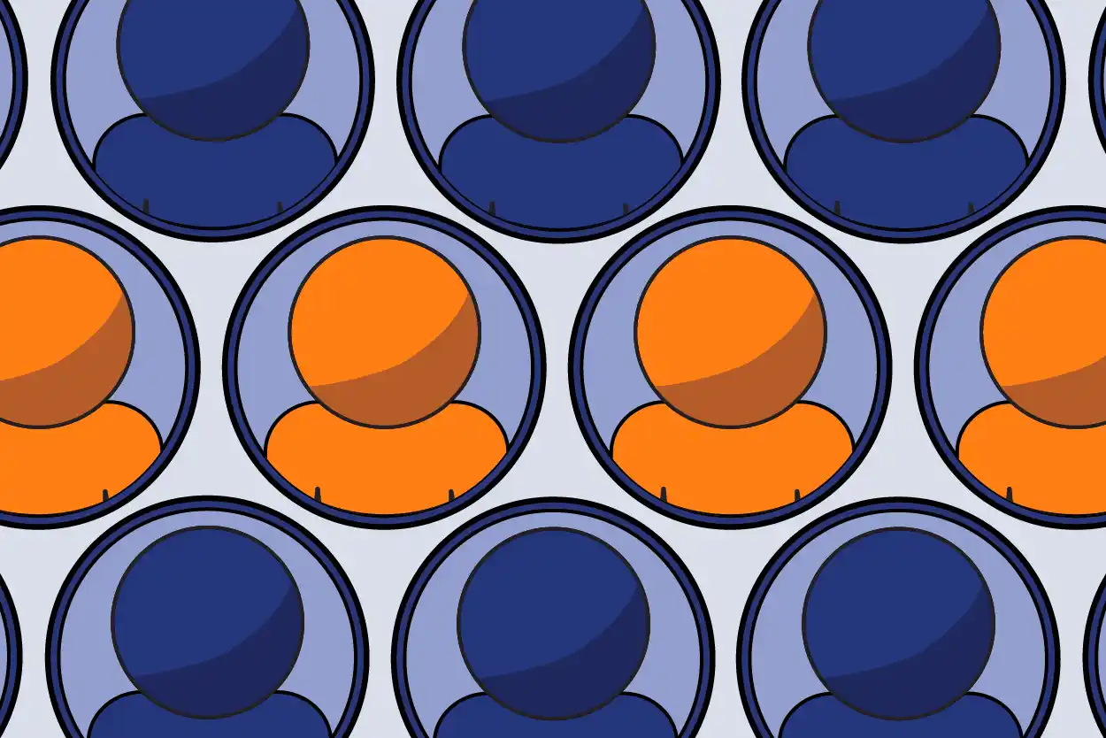 Three lines of circles with orange profiles in the center and blue on the top and bottom